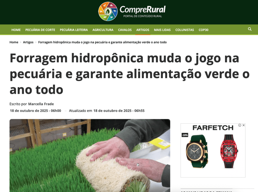Notícia CompraRural sobre forragem hidropônica